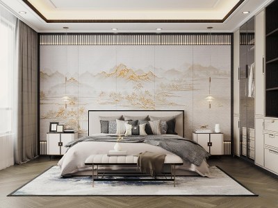 新中式卧室3D模型下载